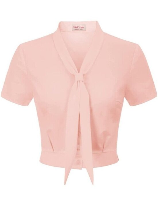 belle poque Tops - Belle Poque Women XL Pink Vtg Inspired Tie Neck Blouse Short Sleeve Cropped Top